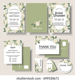 Set of Botanical Frame Wedding invitation card. Bridal shower card. RSVP card. Thank you card. Front and Back template. .Vector/Illustration