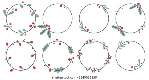 Set of botanical frames in doodle sketch style. Round wreaths with leaves, holly, fir needles and berries. Simple hand drawn circle rims collection, vector graphics