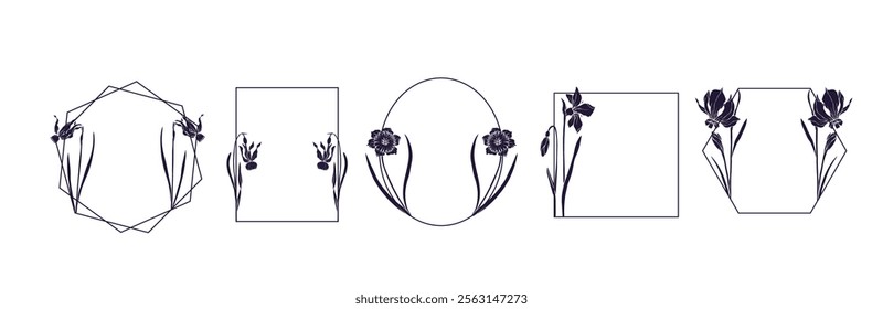 A set of botanical frames with stamps of spring flowers and daffodil buds. Vector graphics.