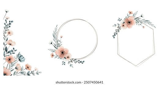 Set of botanical frames with wild flowers in pastel colors. Watercolor botanical frames, foral template