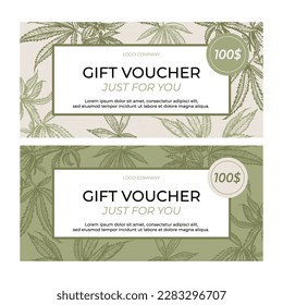 Un conjunto de plantillas botánicas de certificados de regalo. Hojas de cannabis médico en el fondo. Plantas