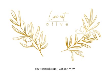 Set of botanical golden illustration of olive leaves branch for wedding invitation and cards, logo design, web, social media and posters template. Elegant minimal style floral vector isolated.	