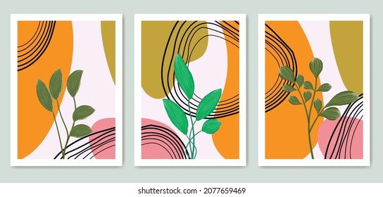 set of botanical golden Texture wall art with line art