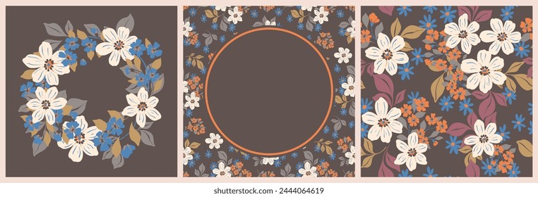 Conjunto de tarjetas de felicitación botánicas, patrón floral sin fisuras en motivo de otoño retro. Lindo diseño de la flora: dibujado a mano Grandes, Pequeñas flores, hojas en una corona y abstracto. Ilustración vectorial