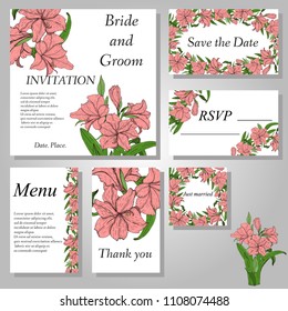 Set of botanical handpainted Amaryllis (Hipperastrum) flower wedding invitation card.
Vector illustration. Wedding set. Thank you, save the date , menu, RSVP card
