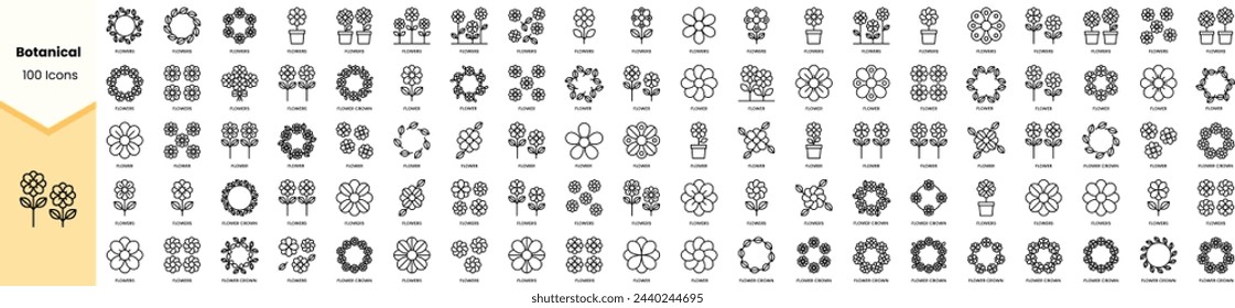 Conjunto de iconos botánicos. Paquete de iconos de estilo de arte de línea simple. Ilustración de vector