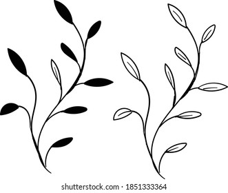 Set aus botanischen Blättern, Strauß oder Blättersammlung auf Schwarz - handgezeichnet
