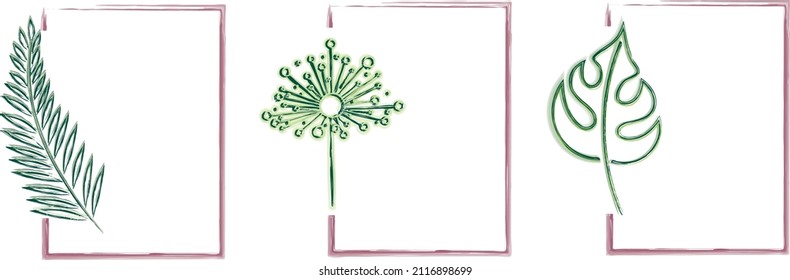 Set of botanical leaves and flowers in a frame. Design for paintings on the wall. Postcard, poster.