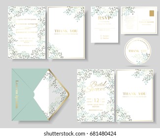 Set of botanical leaves wreath wedding invitation card.Green and mint color tone.Vector/Illustration