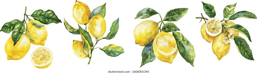 Set of Botanical Lemon Vector, Hand-Drawn Watercolor Citrus Illustration, Isolated on White