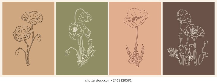 Set of botanical line art drawings of Poppy, August birth month flower. Vector sketch isolated on terracotta colors backgrounds. Card, poster template.