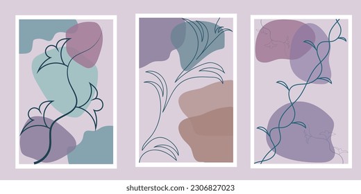 Set of botanical line art floral leaves, plants. Perfect for home  decoration and beautiful background.   