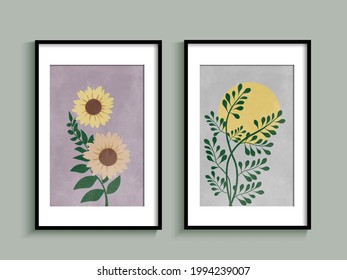 set of botanical minimalist printable wall art design with geometric shape, sunflowers and leaf. Abstract botanical art design for wall decoration, cover, wallpaper, card, poster.