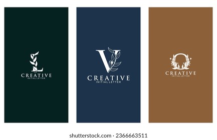 Set of Botanical Minimalistic Initial Letter L, V, O Logo Vector Template
