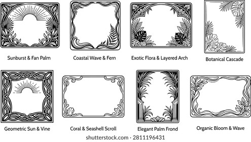 Set of botanical and naturethemed decorative frames with plant motifs transparent background