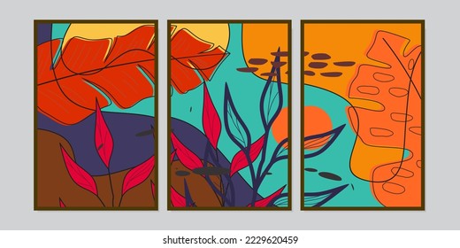 set of botanical outline wall art designs. abstract doodle background. for home decoration, interior, rooms, covers.