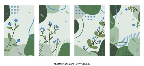 Carteles botánicos con bayas y hojas. Formas y texturas orgánicas. Conjunto de vectores de bayas. Ilustración del vector