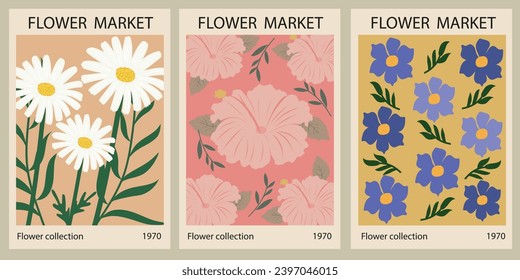 Set of botanical posters with different flowers. Botanical wall art collection, vintage poster aesthetic. Poster for postcards, wall art, banner, background, for printing. Vector art illustration