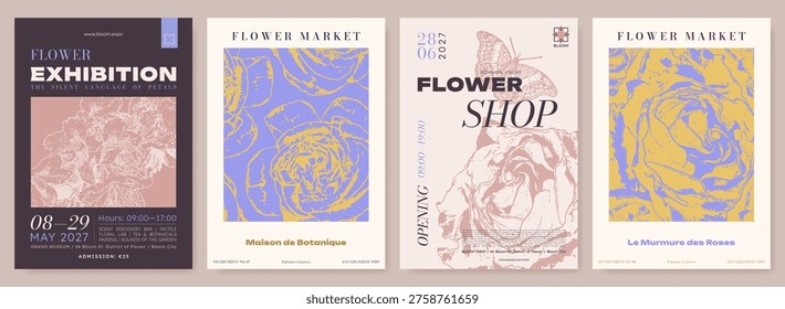 Set of botanical posters or flyers for Exhibition, Flower Market and Shop with vintage floral engraving. Minimalist vertical design templates with etched sketches, typography for promotion or branding