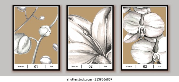 Set of botanical posters, prints, covers, wall art paintings. Watercolor lily, orchids.  Monochrome color palette.