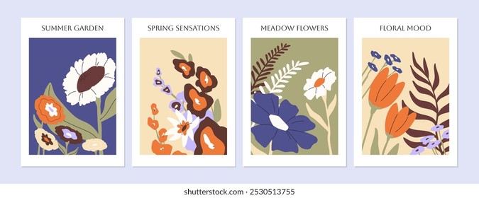 Conjunto de carteles botánicos de flores silvestres. Tarjetas florales con ramos de flores de prado con hojas. Composiciones de plantas en flor. Girasoles, tulipanes en el arte de la pared, decoración. Ilustraciones vectoriales planas