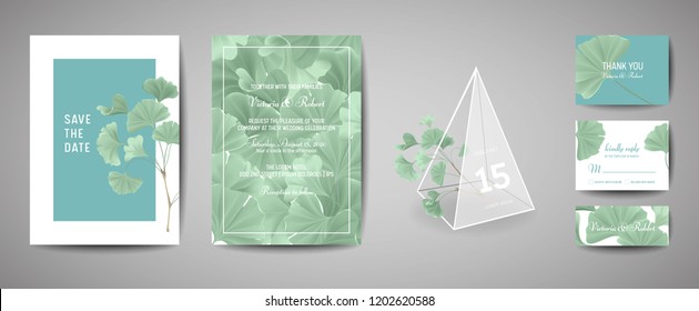 Conjunto de cartas botánicas retro de invitación de boda, moderno Save the Date, diseño de plantilla de ginkgo biloba deja ilustración. Tapa de moda vectorial, afiche gráfico pastel, folleto