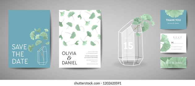 Set of Botanical retro wedding invitation card, modern Save the Date, template design of ginkgo biloba leaves illustration. Vector trendy cover, pastel graphic poster, brochure