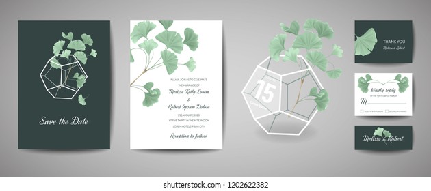 Set of Botanical retro wedding invitation card, modern Save the Date, template design of ginkgo biloba leaves illustration. Vector trendy cover, pastel graphic poster, brochure
