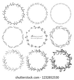 Set of botanical round frame, Hand drawn flowers, Botanical composition, Decorative element for Invitations card, Vector illustration.