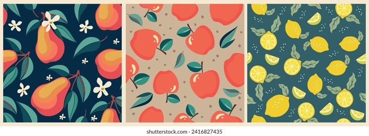 Set of Botanical seamless patterns with fruits.