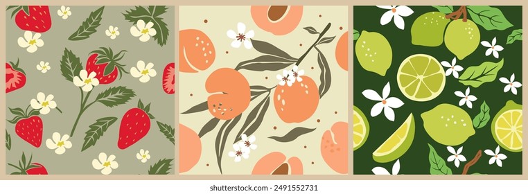 Set von Botanischen nahtlosen Mustern mit Früchten. Kulisse mit Limette, Pfirsich, Erdbeerfrüchten. Bunte Vektorillustration für Textildruck, Digitaldruck, Packpapier, Bildschirmhintergrund, Hintergrund.	