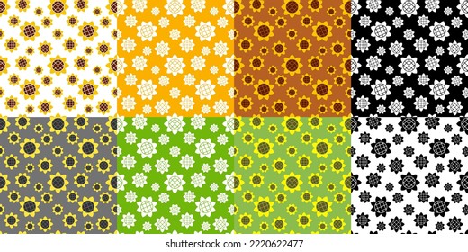 Set of botanical seamless patterns with simple flat sunflowers, black and white, colorful and monochrome version of summer harvest flowers vector pattern