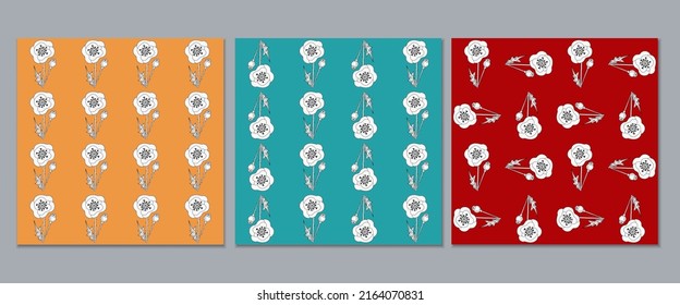 Set of botanical seamless patterns with stylized poppies. Floral modern vector print linear hand drawn