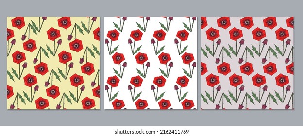 A set of botanical seamless patterns of their stylized poppies. Floral modern vector print