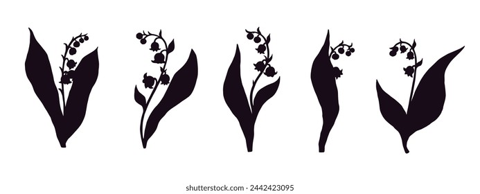 Set of botanical silhouettes of spring lily of the valley flowers. Vector graphics.