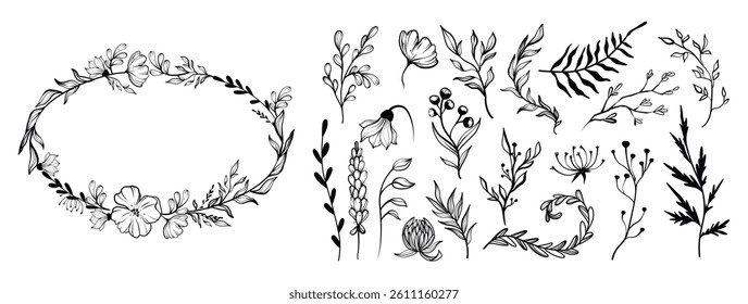 Set of botanical sketches. Elegant detailed floral icons with blooming plants, leaf silhouettes and branches. Design elements for frames. Hand drawn vector illustration isolated on background