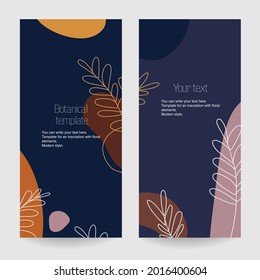 A set of botanical stretched templates for flyers, advertising booklets, cards, with text placement. Minimalistic modern style. White contour and colored geometric shapes on a blue background.