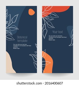 A set of botanical stretched templates for flyers, advertising booklets, cards, with text placement. Minimalistic modern style. White contour and colored geometric shapes on a blue background.