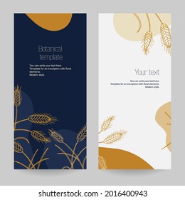 A set of botanical stretched templates for flyers, advertising booklets, cards, with text placement. Minimalistic modern style. Gold contour and colored geometric shapes on a background.