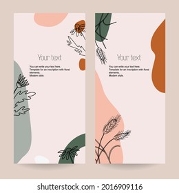 A set of botanical stretched templates for flyers, advertising booklets, cards, with text placement. Minimalistic modern style. Black contour and colored geometric shapes on a beige background.