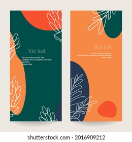 A set of botanical stretched templates for flyers, advertising booklets, cards, with text placement. Minimalistic modern style. White contour and colored geometric shapes on a green background.