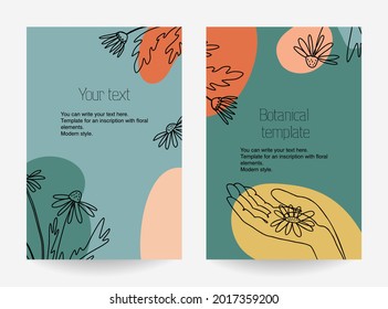 A set of botanical stretched templates for flyers, advertising booklets, cards, with text placement. Minimalistic modern style. Black contour and colored geometric shapes on a green background.