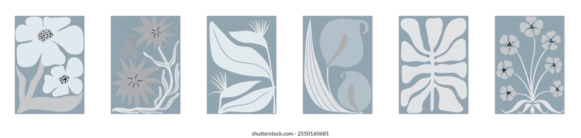 Set of Botanical Travel Postcard with Organic Forms With Flowers and Leaves. Blue and Indigo Kitchen Wall Hanging with Positive Nature Design Floral Summer Sticker Illustration. Interior Naive Tile