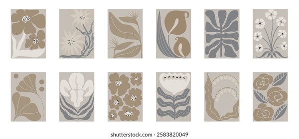 Set of Botanical Travel Postcard with Organic Forms With Flowers and Leaves. Grey and Brown Floral Summer Sticker Illustration. Kitchen Wall Hanging with Positive Nature Design Interior Naive Tile