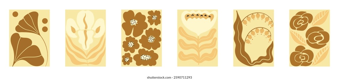 Set of Botanical Travel Postcard with Organic Forms With Flowers and Leaves. Interior Naive Tile Floral Summer Sticker Illustration. Gold Grey Kitchen Wall Hanging with Positive Nature Design