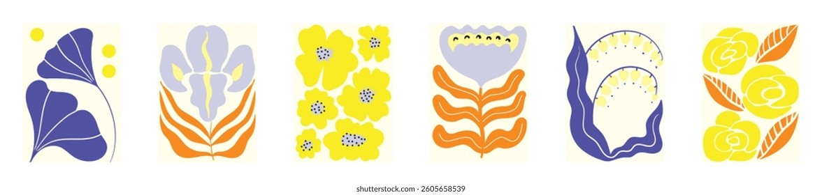 Set of Botanical Travel Postcard with Organic Forms With Flowers and Leaves. Interior Naive Tile Kitchen Wall Hanging with Positive Nature Design Floral Summer Sticker Illustration.