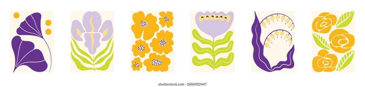 Set of Botanical Travel Postcard with Organic Forms With Flowers and Leaves. Interior Naive Tile Blue, Green Orange Kitchen Wall Hanging with Positive Nature Design Floral Summer Sticker Illustration.