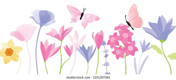 Set of botanical vector element. Collection of butterfly, flowers, wildflowers, leaf in hand drawn. Watercolor floral garden illustration design for logo, wedding, invitation, decor, print.