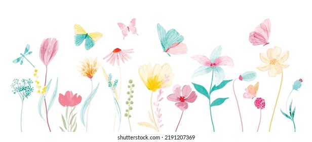 Set of botanical vector element. Collection of butterfly, dragonfly, flowers, wildflowers in hand drawn. Watercolor floral garden illustration design for logo, wedding, invitation, decor, print.