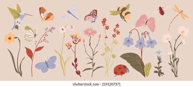 Set of botanical vector element. Collection of bird, butterfly, dragonfly, honey bee, flower, wildflowers, leaf, ladybug. Autumn garden illustration design for logo, wedding, invitation, decor.